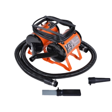 K-9 III Dog Dryer With FREE Water Peeler,"Orange dog dryer with coiled hose and two nozzle attachments"