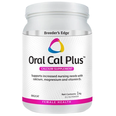 Breeder's Edge® Oral Cal Plus™ Powder,"White supplement powder jar with screw-top lid"