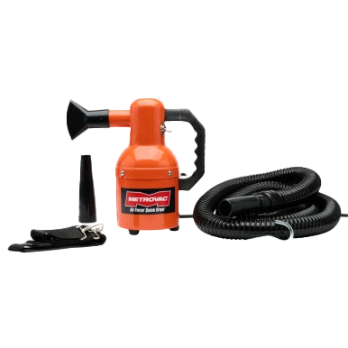 Quick Draw Compact Dog Dryer,"Orange handheld dryer with coiled hose and two nozzles"