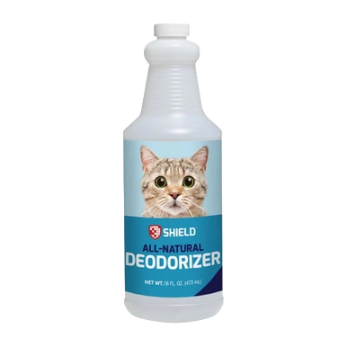 Pet & Home Deodorizer Spray by Shield,"White spray bottle with cat image on blue label"