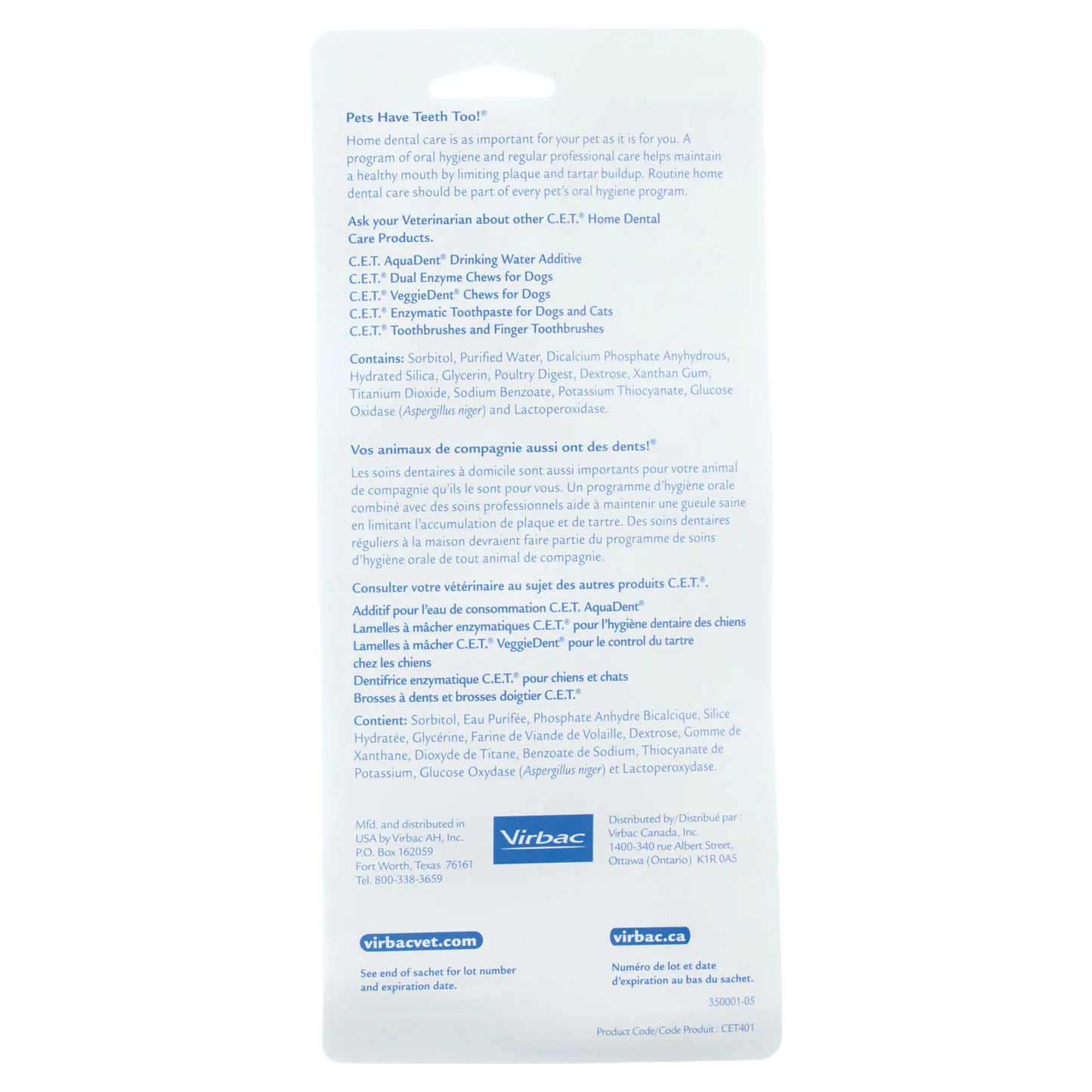 C.E.T.® Toothbrush Kit,"Back of product package with bilingual text"