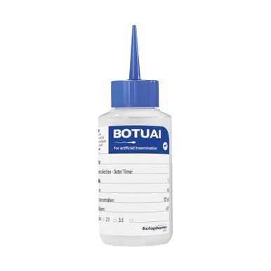 BotuAI Semen Bottle ONLY,"Plastic bottle with blue pointed cap and printed label"
