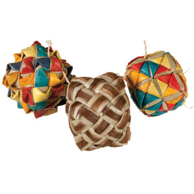 Woven Square Foot Toy,"Three woven toy balls in multicolor and natural designs"