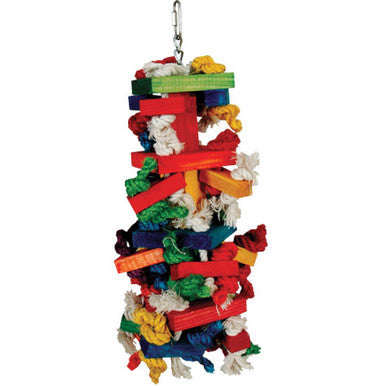 Knotty Blocks,"Hanging multicolor wooden blocks with knotted rope"