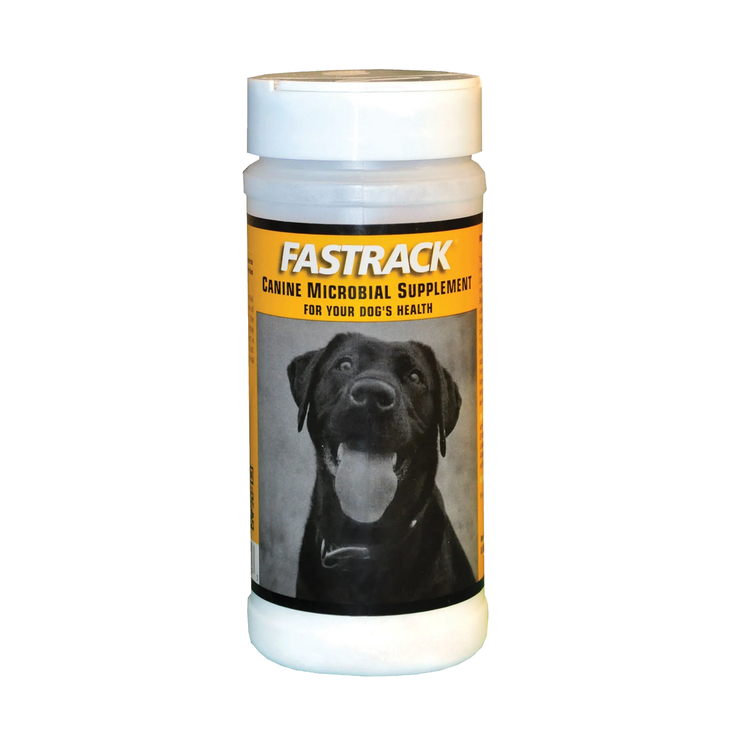 Fastrack® Canine Microbial Supplement,"White bottle with yellow label and dog photo"