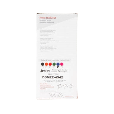 WTA Semen and Embryo Thaw Unit,"Back of product box with included items list and colored icon row"