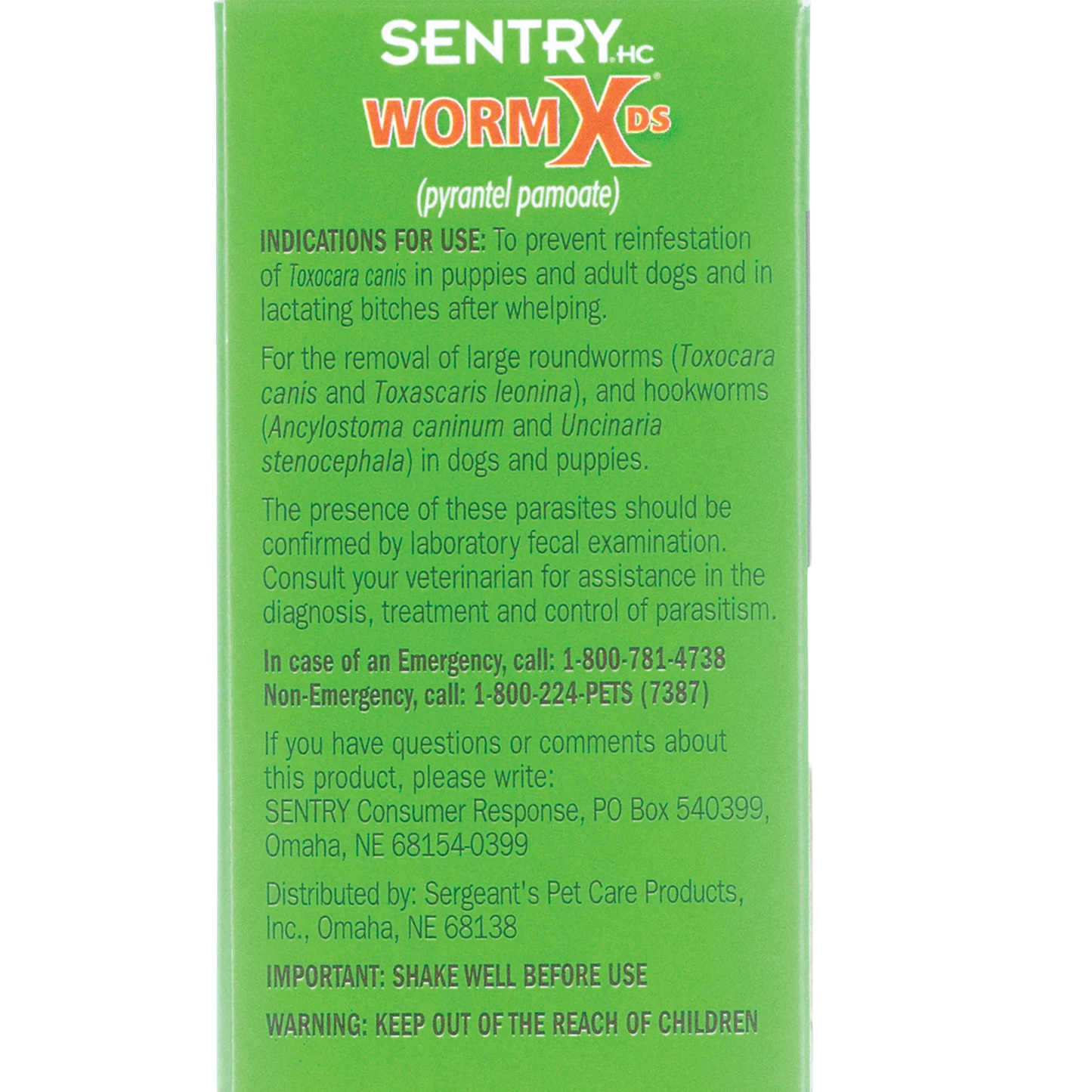 Sentry® WormX DS Liquid Dewormer,"Green box side panel with usage instructions"
