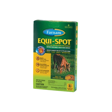 Equi-Spot® Spot-On Fly Control for Horses,"Front view of green and yellow product box"