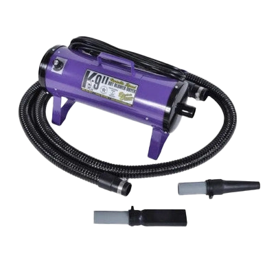 K-9 II Variable Speed Dog Dryer With FREE Water Peeler,"Purple dog dryer with coiled hose and two nozzle attachments"