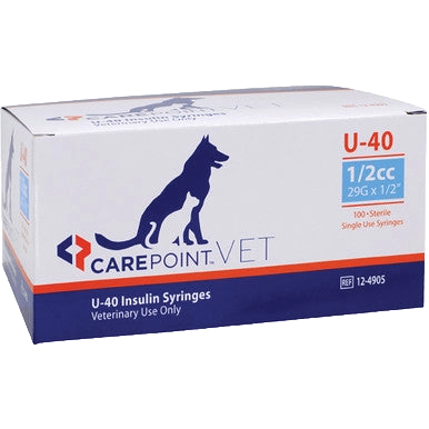U40 1/2cc Insulin Syringe 29g x 1/2"","Box of veterinary insulin syringes with dog silhouette"
