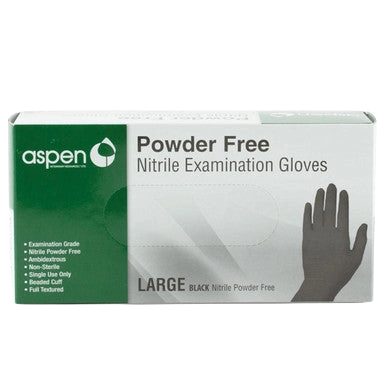Aspen Black Nitrile Gloves,"Box of black nitrile gloves with glove illustration"