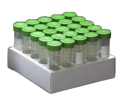 50 ml Centrifuge Screw Cap Tubes Sterile, Conical End,"Rack of clear conical tubes with green screw caps"