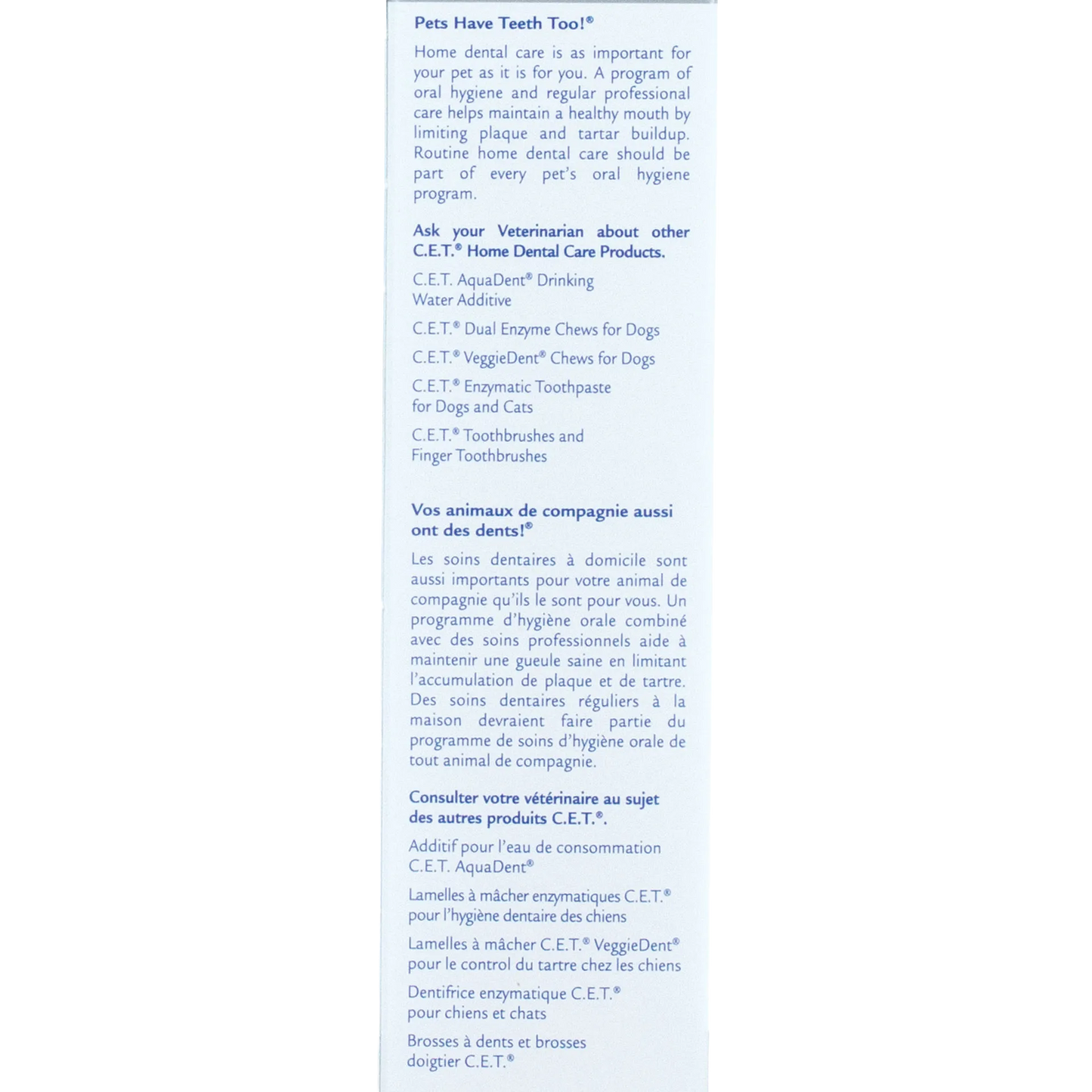 C.E.T.® Enzymatic Toothpaste,"Side panel of toothpaste box with bilingual product information"