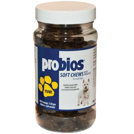 Probios® Soft Chews,"Plastic jar of soft chews with white lid and dog label"
