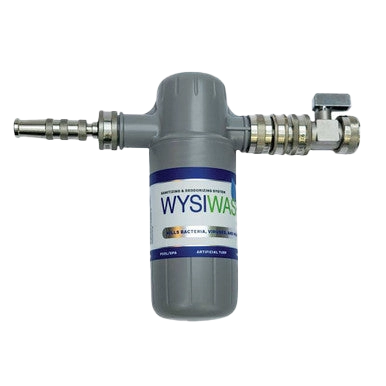 Wysiwash® Sanitizing System,"Gray inline dispenser with hose fittings and valve"