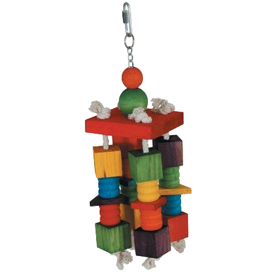 4 Way Spin,"Hanging bird toy with stacked wooden blocks and colored beads"