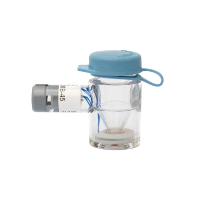 Flexineb® Medium Medication Cup,"Clear medication cup with blue cap and side connector"