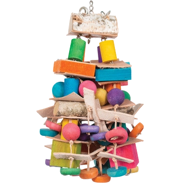 Tornado,"Colorful hanging bird toy with wood blocks and rings"