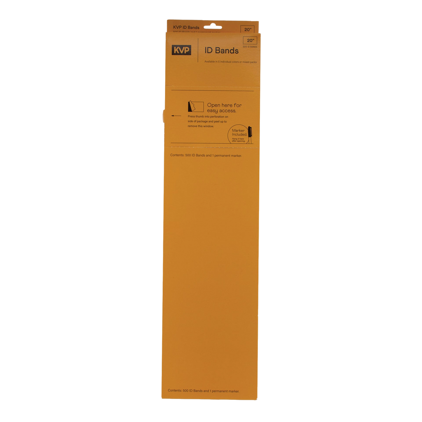 KVP ID Bands,"Long orange dispenser box with hanging tab"