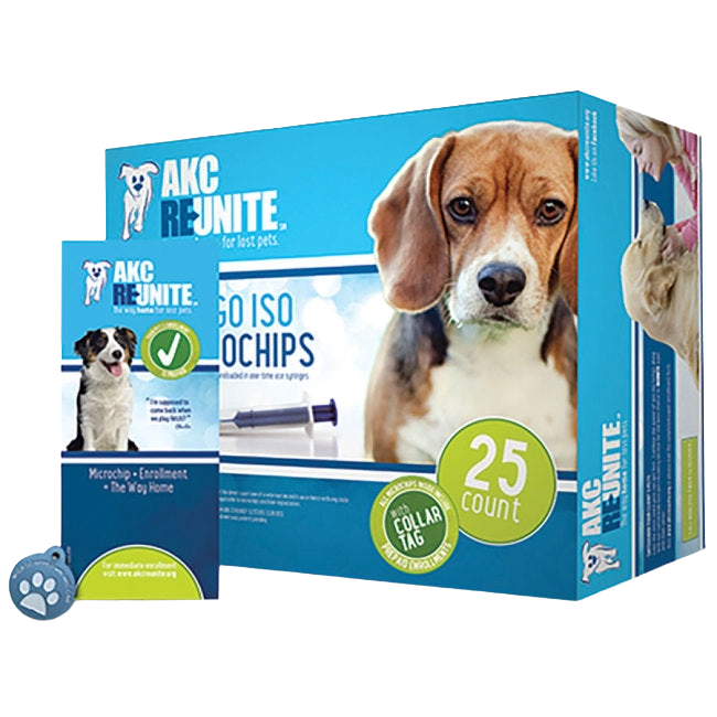 AKC Reunite Indigo ISO Microchips,"Blue kit box with booklet and pet tag"