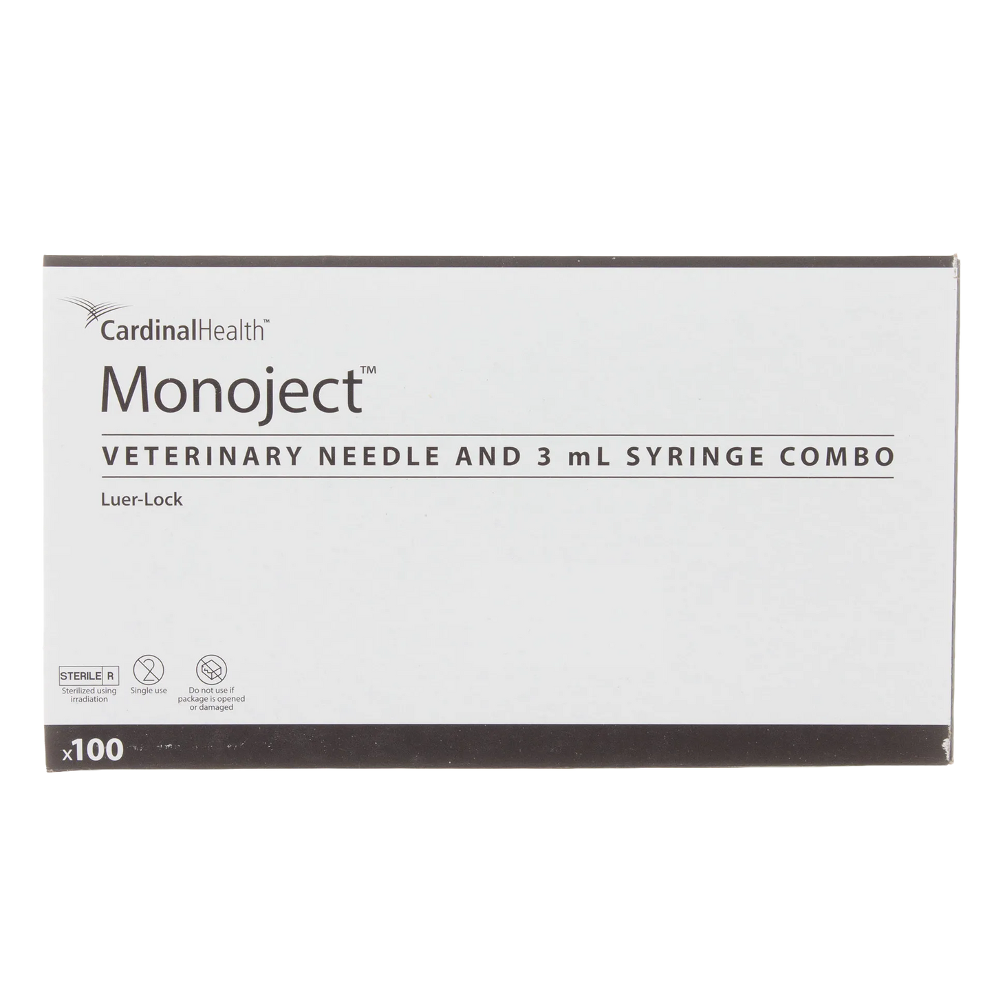 3cc MonoJect™ Syringes with 22 gauge Needles,"Front view of syringe box packaging"