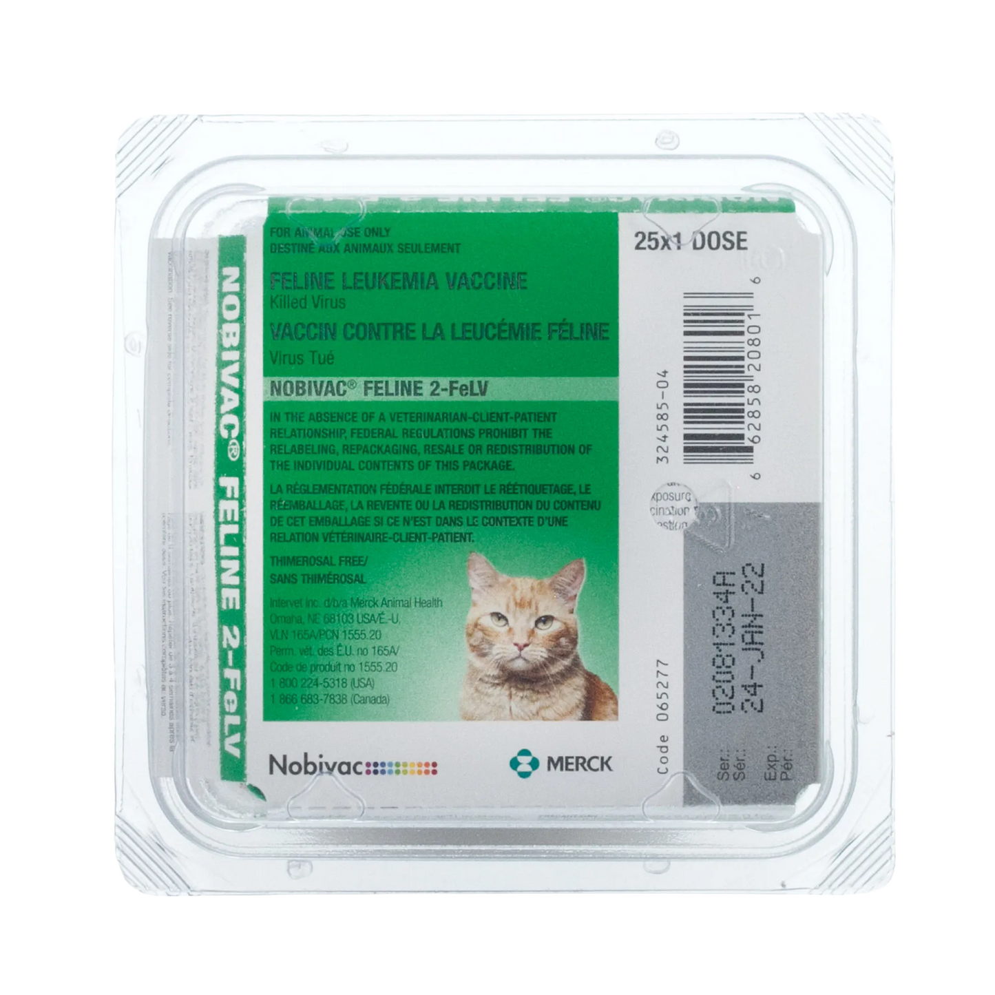 Nobivac® Feline 2-FeLV,"Clear plastic tray with green label and cat image"