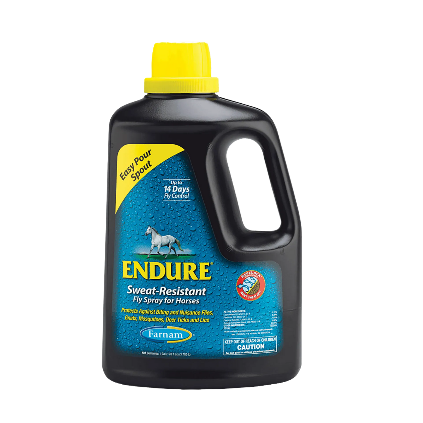 Endure Sweat-Resistant Fly Spray for Horses,"Black gallon bottle with yellow cap and handle"