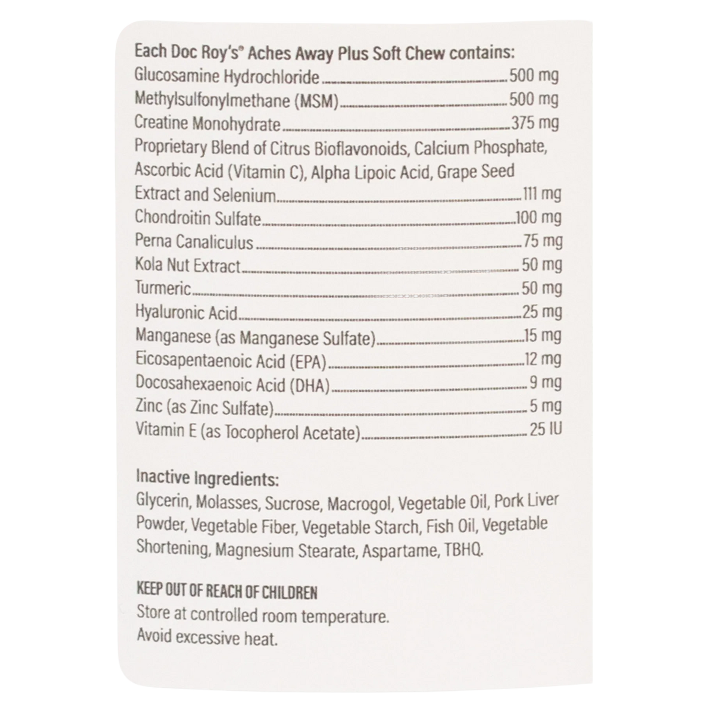 Doc Roy's® Aches Away Plus™,"Back label of bottle with supplement facts panel"