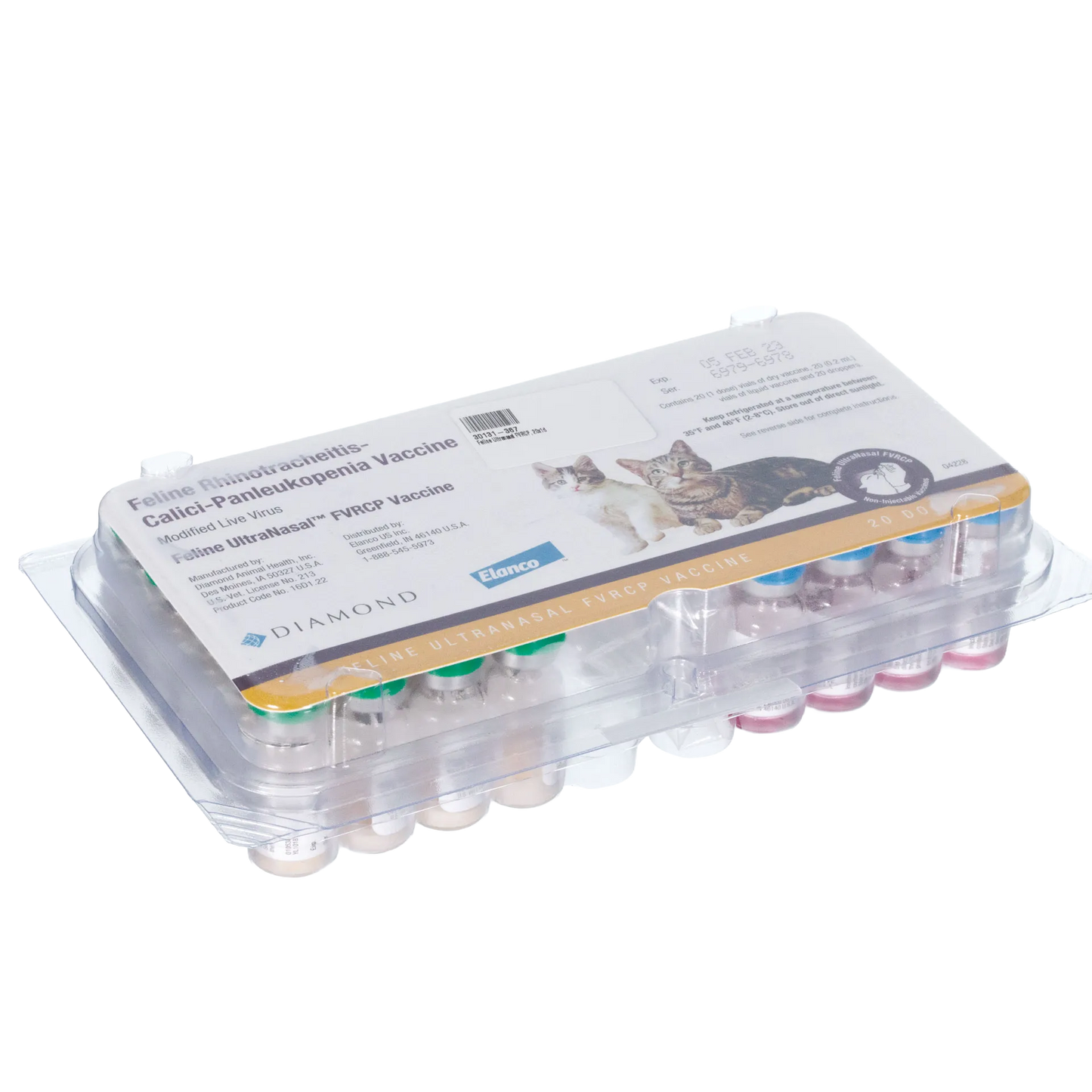 Feline UltraNasal® FVRCP Vaccine,"Clear plastic tray with multiple vaccine vials and box insert"