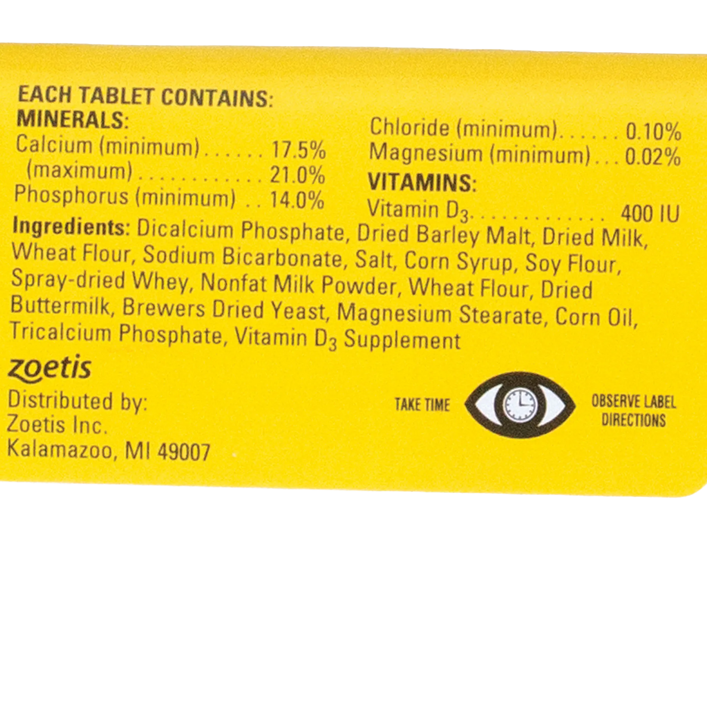 Pet-Cal® Tablets,"Back of yellow package with supplement facts panel"