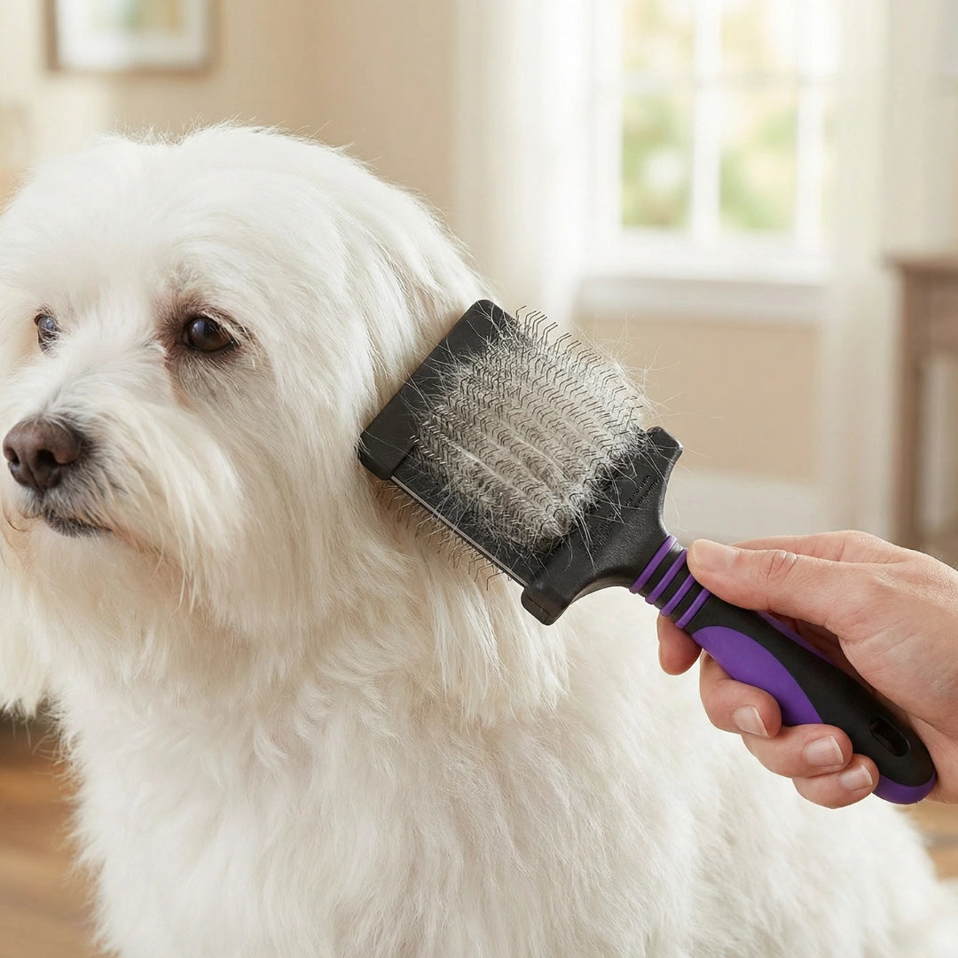 Dematting Extra Firm Slicker Brush,"Slicker brush grooming a white long-haired dog"