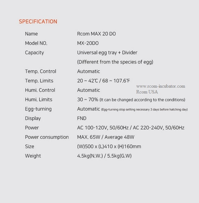 Max-20 DO Incubator by Rcom USA,"Product specification sheet with model details"