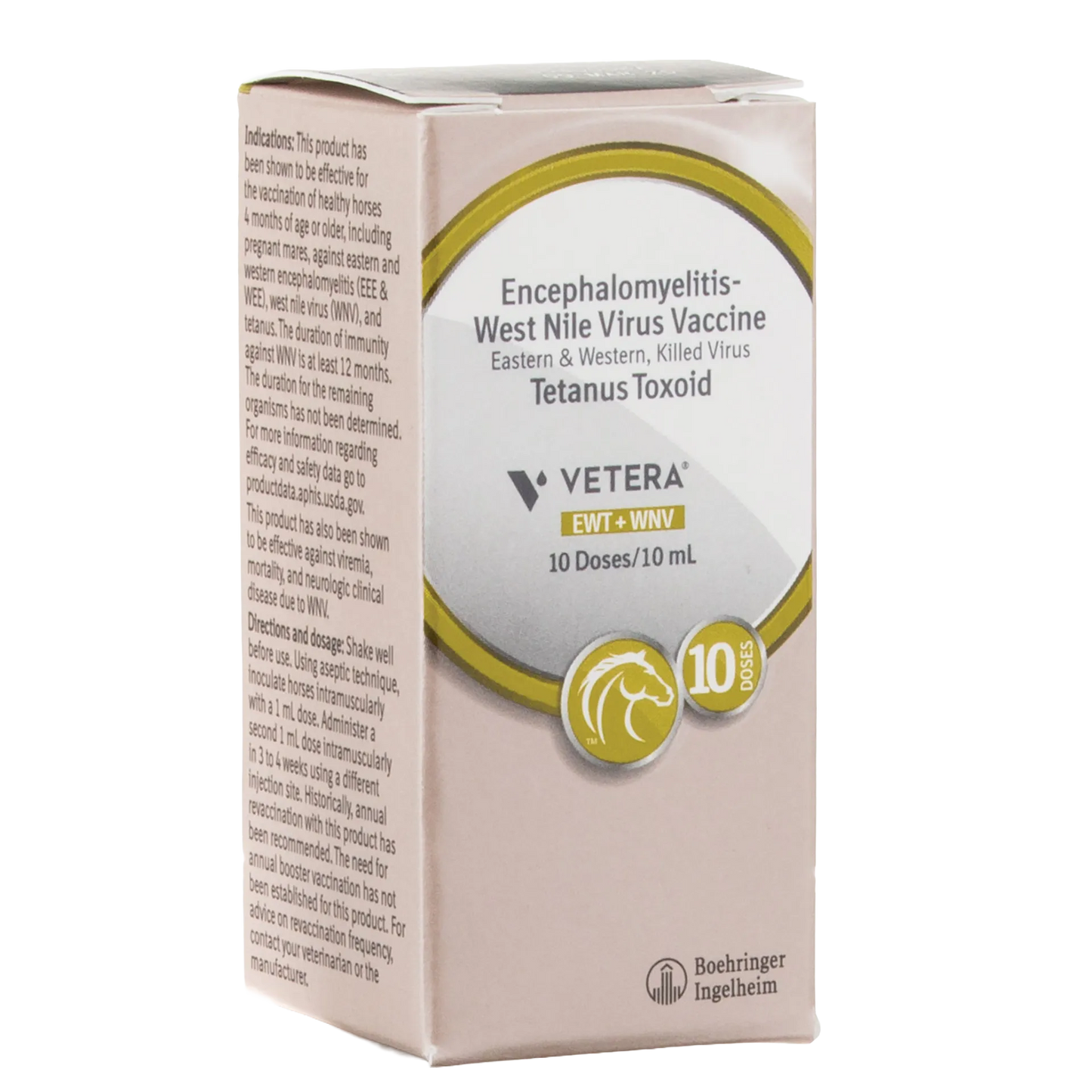 VETERA® EWT+WNV, 10 dose vial,"Angled product box with front and side panels visible"