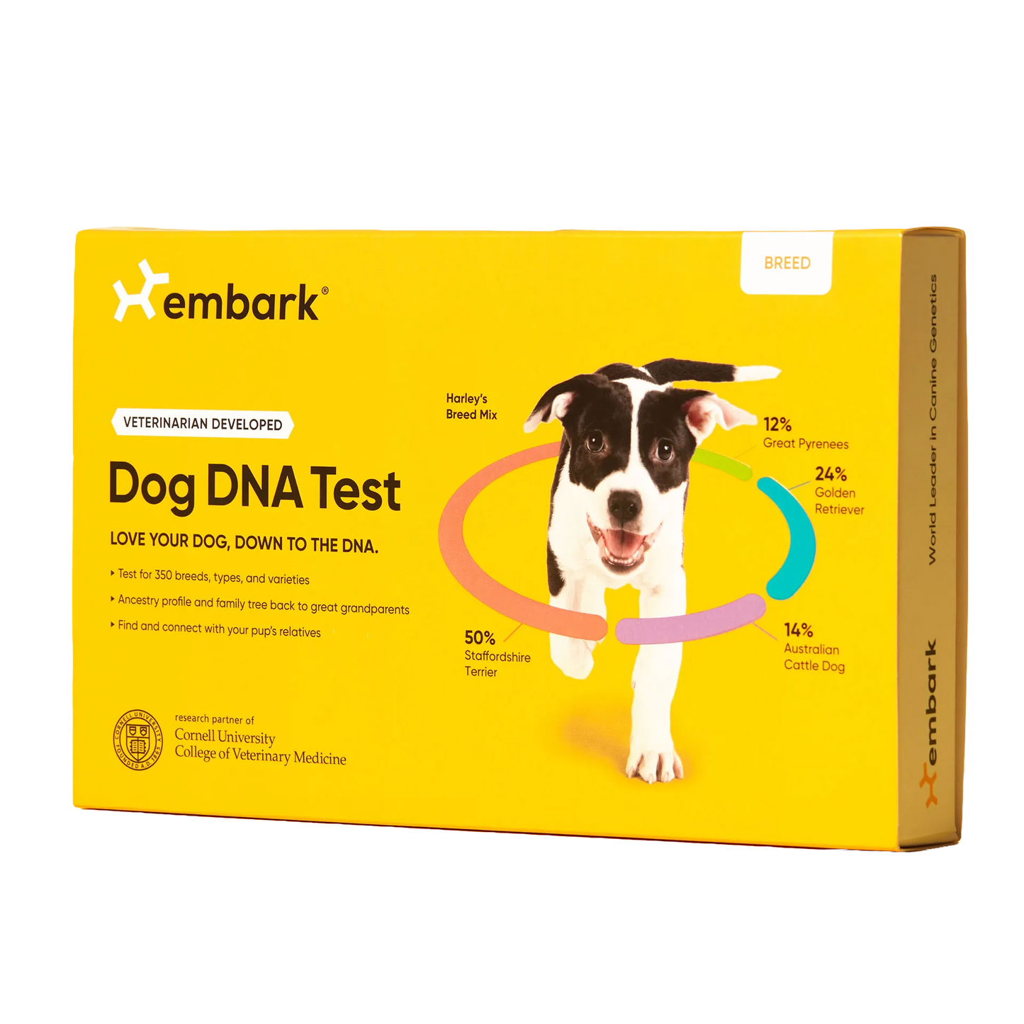Embark Breed Identification DNA Test,"Yellow dog DNA test box with dog photo and side panel view"