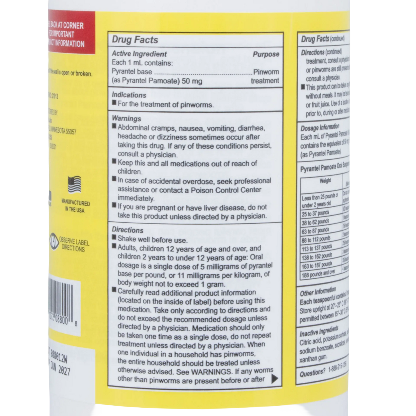 Pyrantel Pamoate Suspension, 50mg,"Yellow bottle label with drug facts and dosage table"