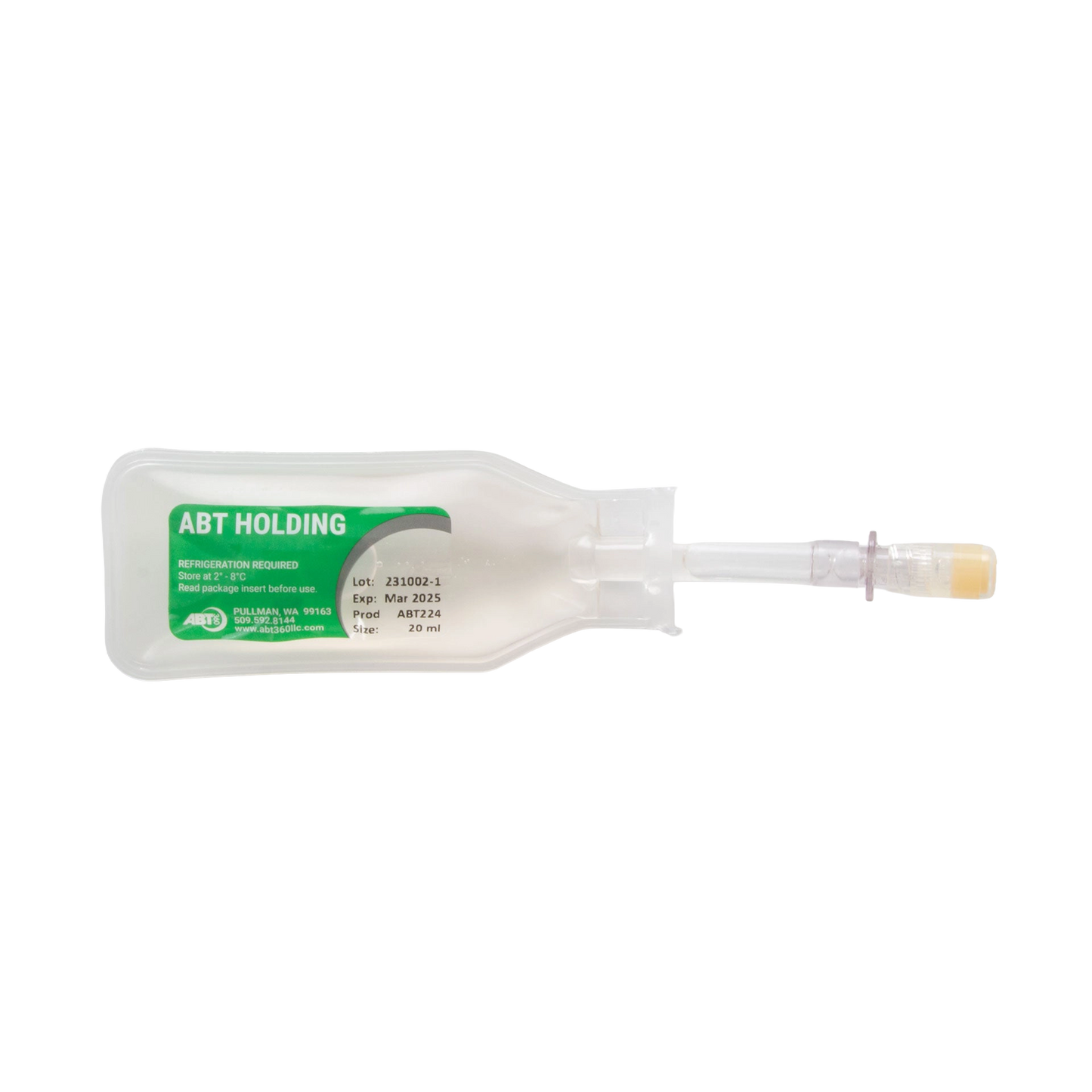 ABT360 Holding Media,"Clear bottle with attached tube and yellow cap"