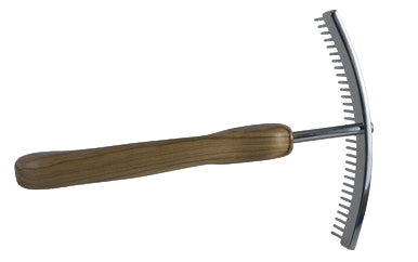 Aaronco Rake Superior Star Dematter,"Curved metal rake comb with wooden handle"