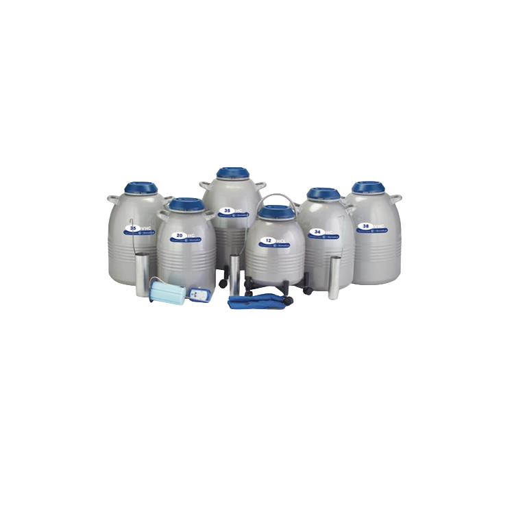 HC Series -High Capacity Tanks,"Six silver storage tanks with blue lids and accessories"