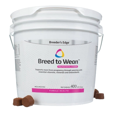 Breeder's Edge® Breed To Wean™,"White plastic bucket with handle and brown chew cubes"