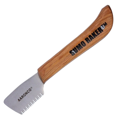 Aaronco Sumo Raker Stripping Knife,"Wood-handled stripping knife with serrated metal blade"
