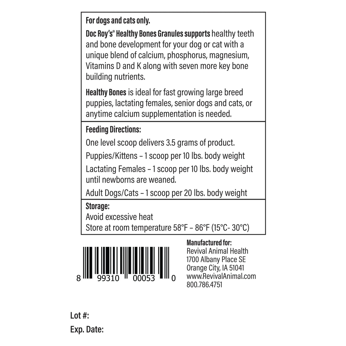 Doc Roy's® Healthy Bones - Bone Health Vitamins for Dogs & Cats,"Back label view of bottle with feeding directions and barcode"