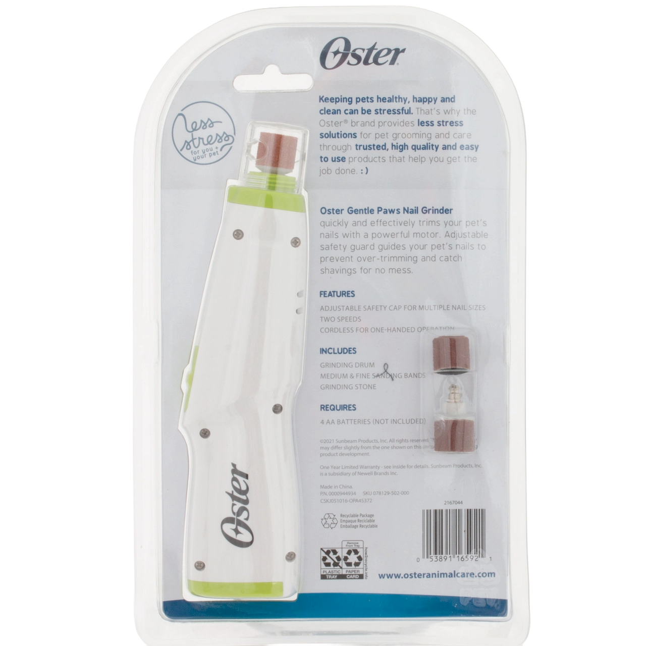 Oster® Gentle Paws™ Premium Nail Trimmer,"Packaged nail grinder with sanding bands and accessory inserts"