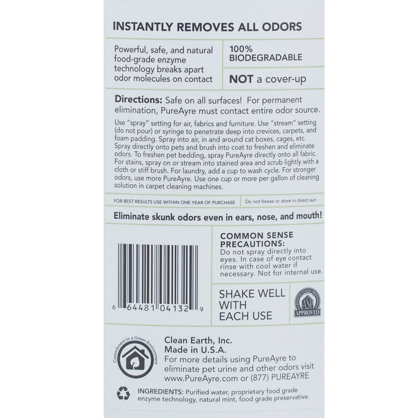 Pureayre® Odor Eliminator,"Back label view of bottle with directions and barcode"