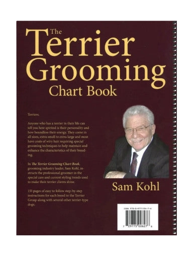 The Terrier Grooming Chart Book by Sam Kohl,"Spiral-bound book cover with author portrait"