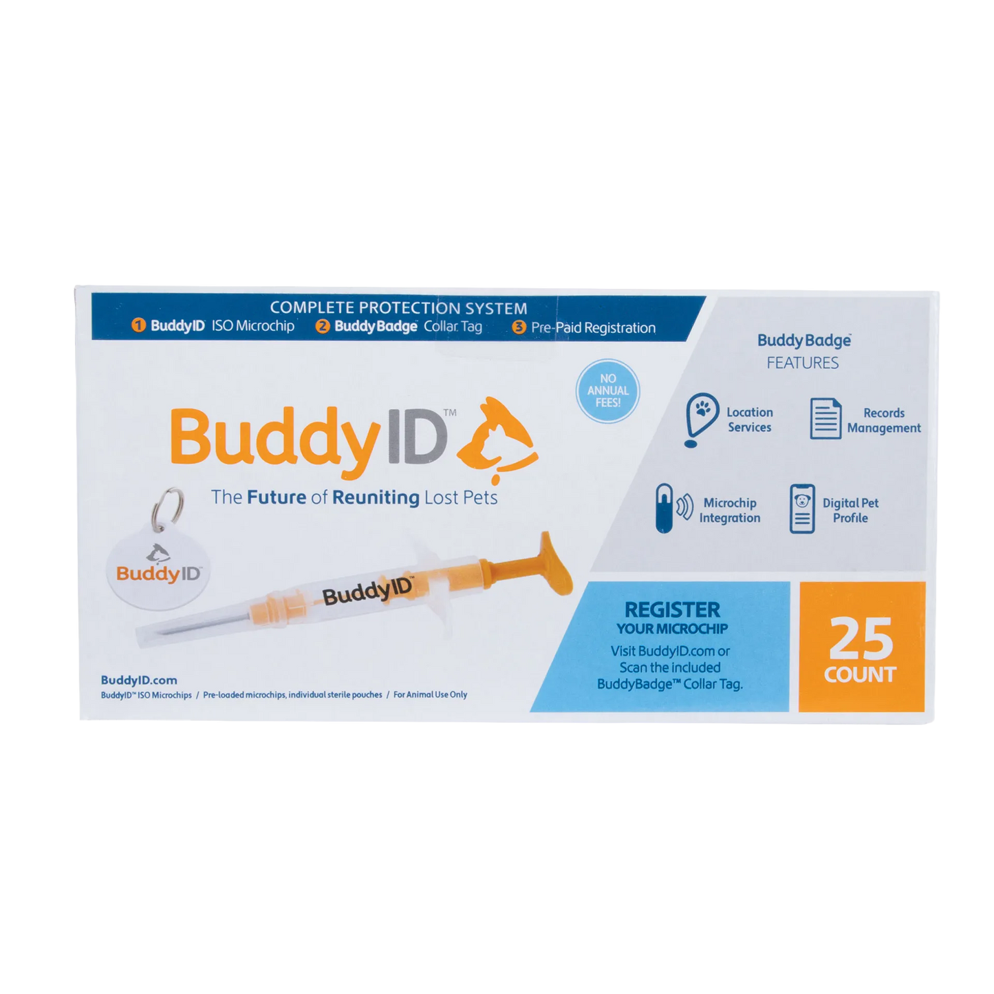 BuddyID® Complete Protection System,"Product box with syringe illustration and round collar tag"