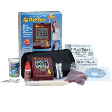 PetTest Glucose Monitoring System,"Glucose meter kit with case, box, lancet device, vial, and test strips"