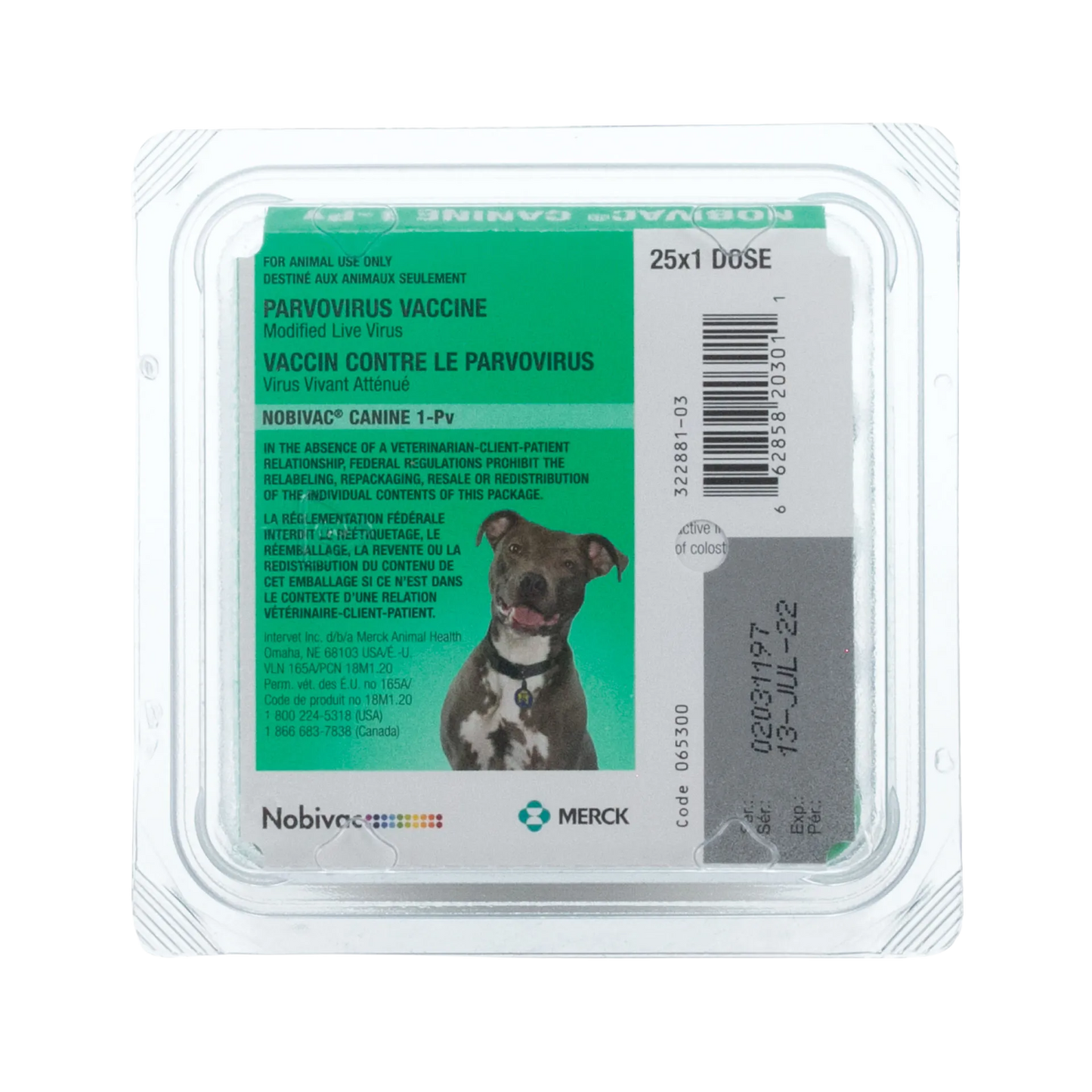"Nobivac® Canine 1-Pv, 25x1d","Clear plastic blister pack with green label and dog image"