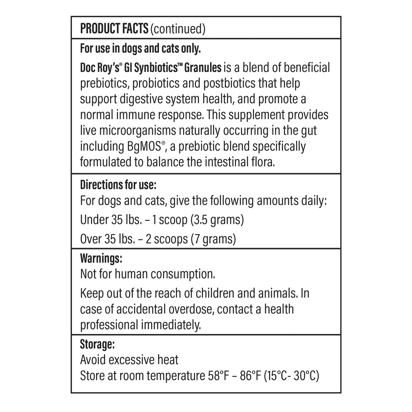 Doc Roy's® GI Synbiotics™,"Back label view of supplement bottle"