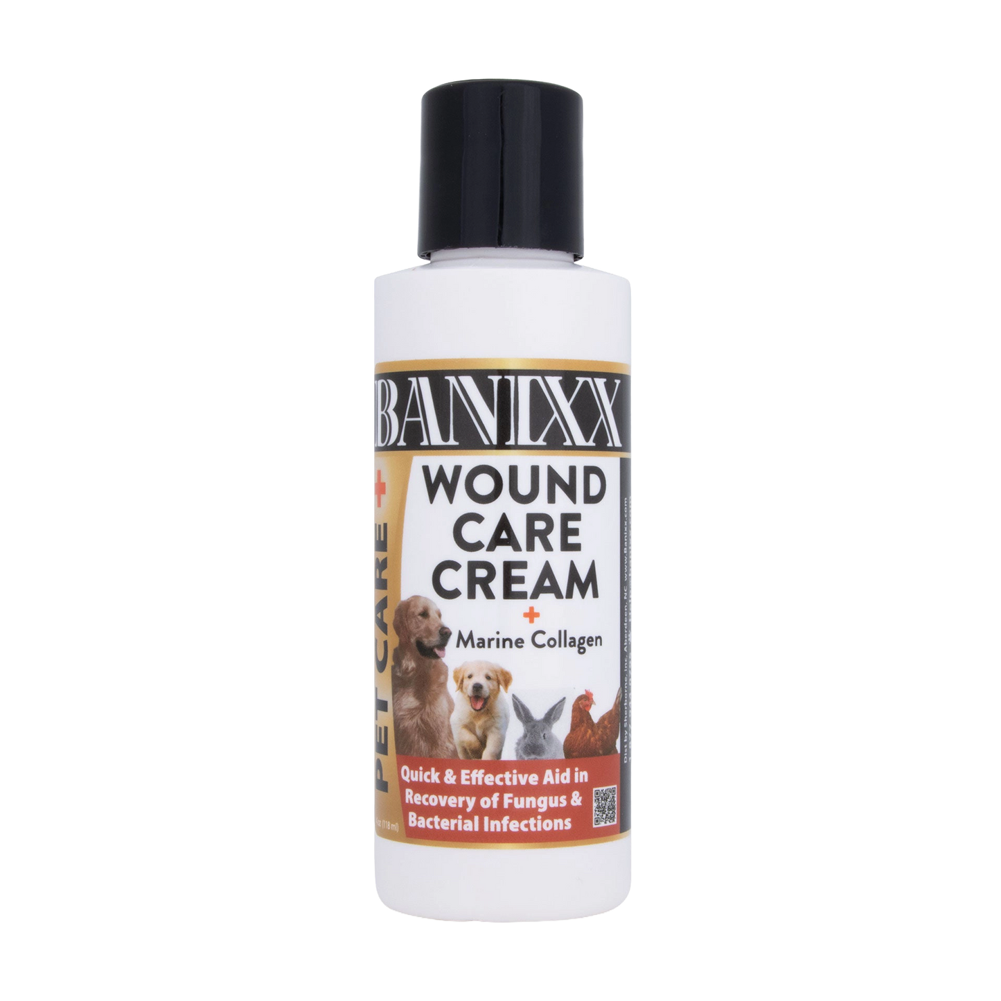 Banixx® Wound Care Cream,"White bottle with black cap and pet care label"
