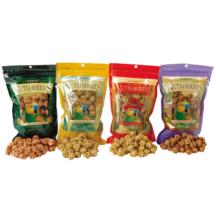 Lafeber Gourmet Nutri-Berries Variety Packs,"Four assorted treat bags with piles of round berries"